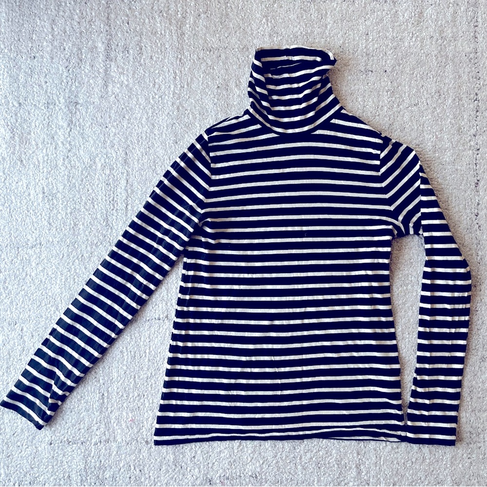 J. Crew Black and Ivory Striped Cotton Turtleneck Medium